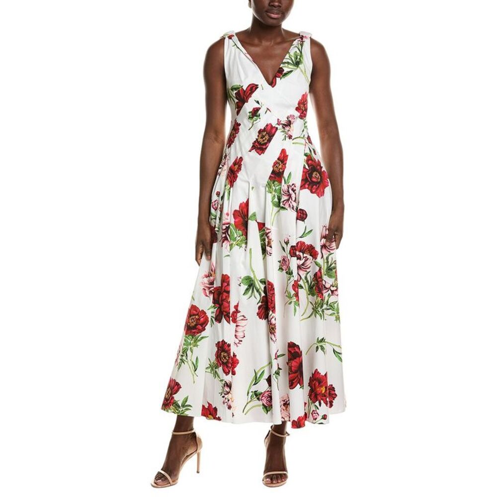 Oscar De La Renta Womens  Peony Print Poplin Dress, White